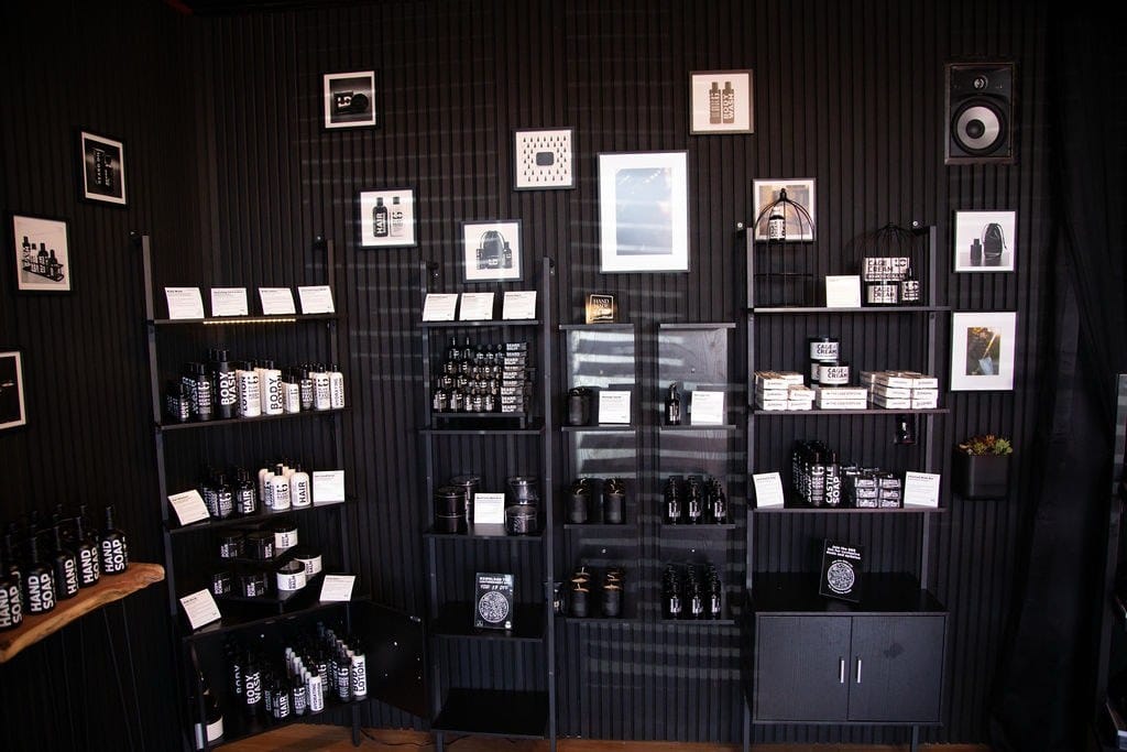 The LeatherDaddy body care wall inside the Albuquerque store.