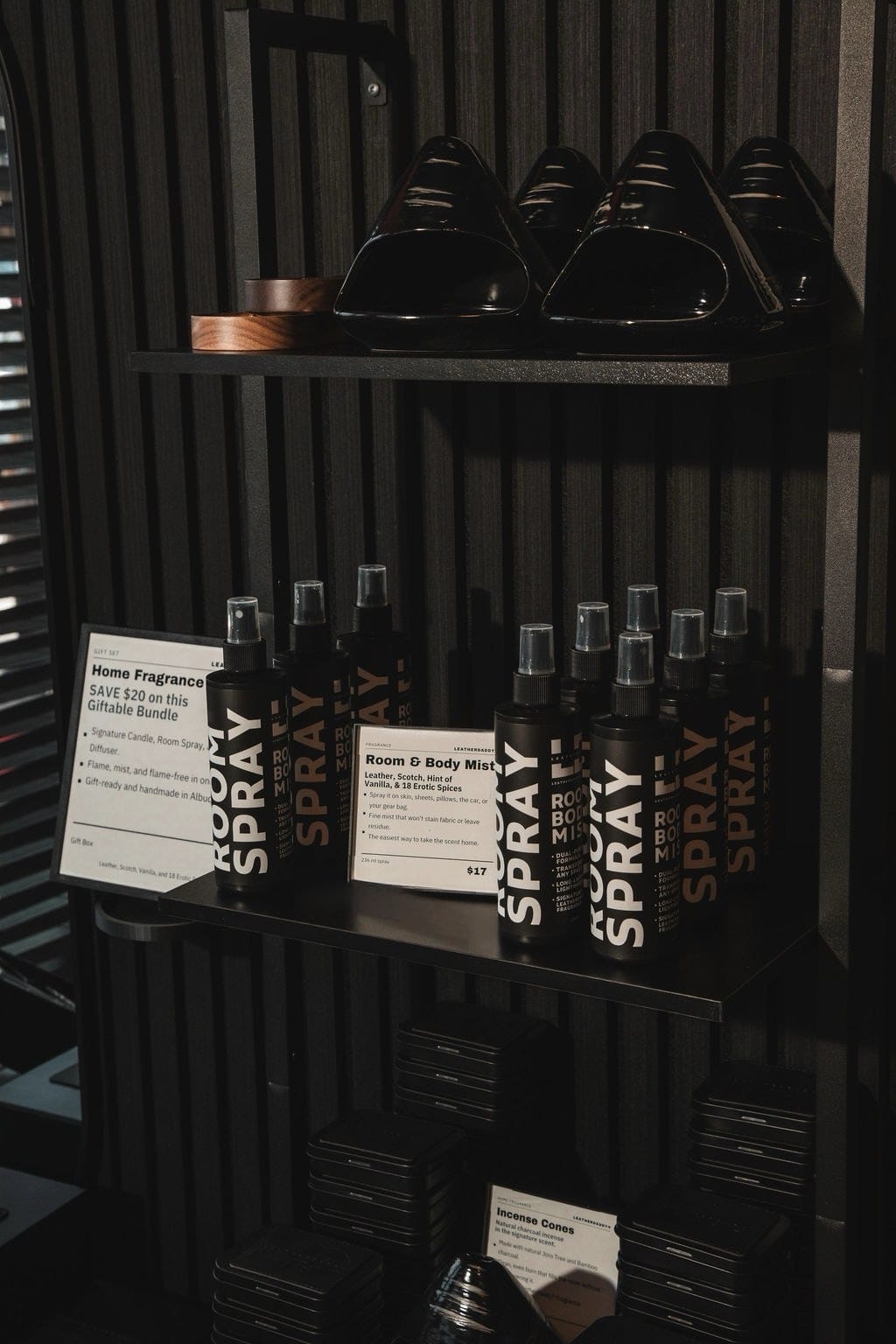 LeatherDaddy room spray on the store shelf.