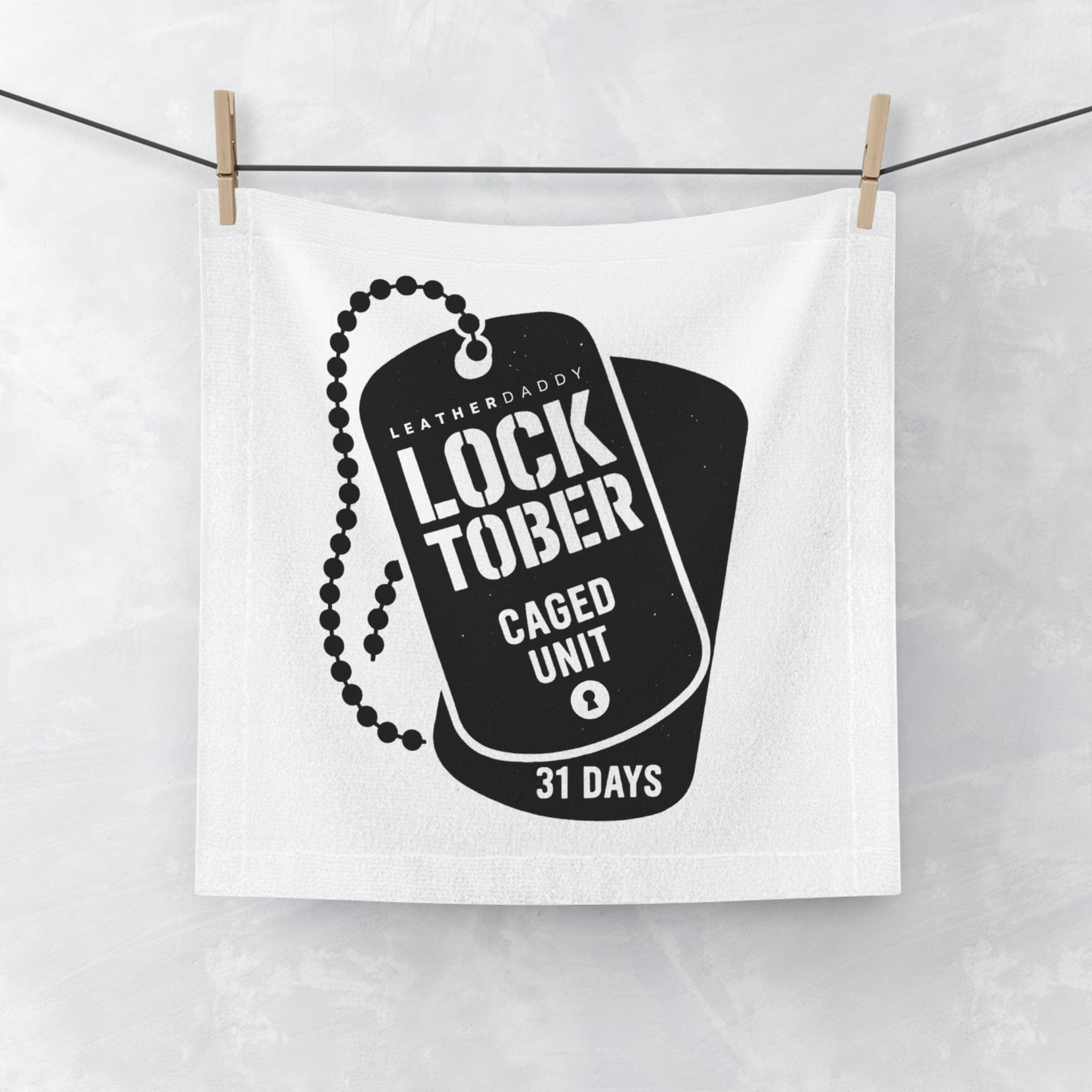 Home Decor 13" × 13" / White LockedBoy Caged Unit Gym Towel – Fetish CumRag with Locktober Dog Tag Design LEATHERDADDY BATOR