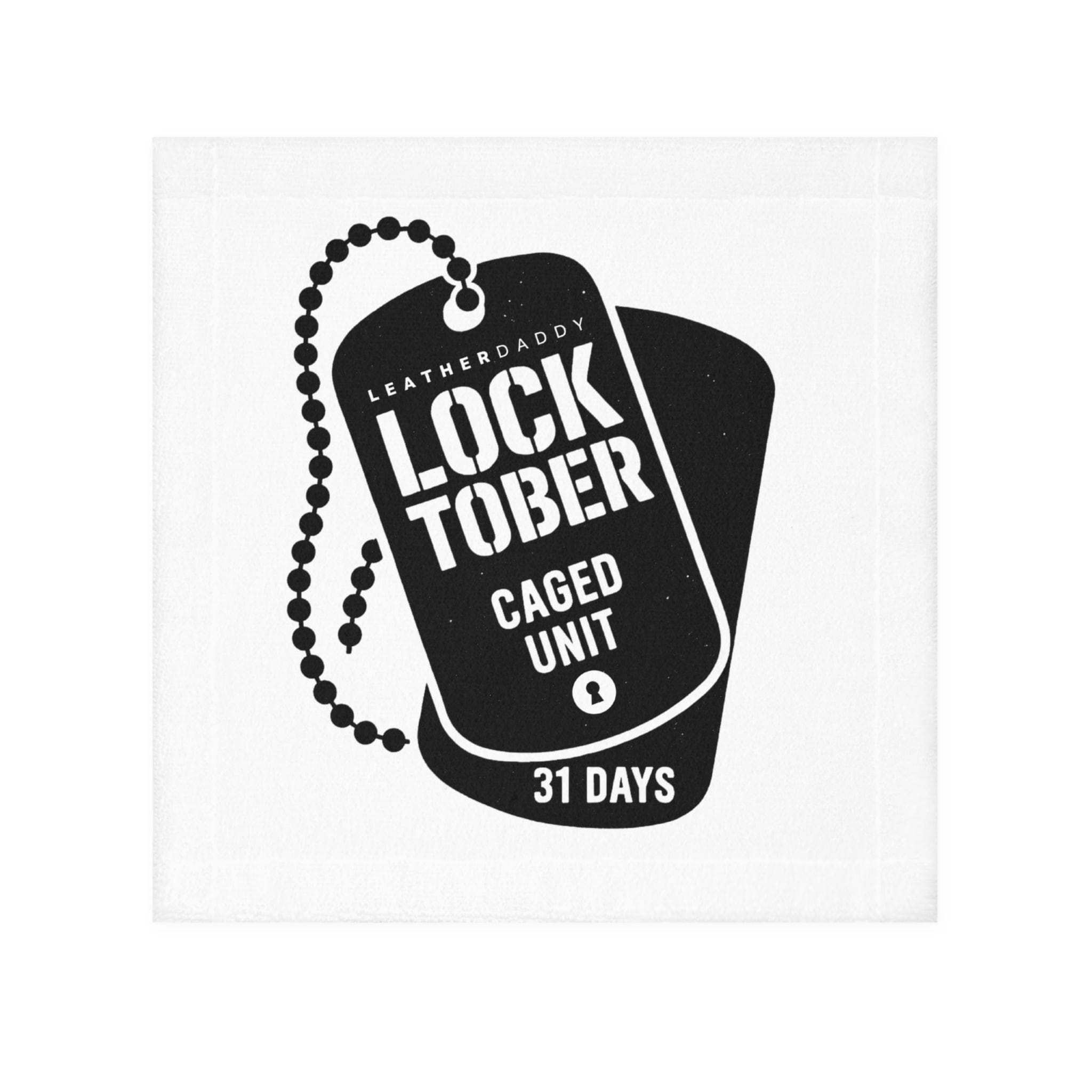 Home Decor 13" × 13" / White LockedBoy Caged Unit Gym Towel – Fetish CumRag with Locktober Dog Tag Design LEATHERDADDY BATOR