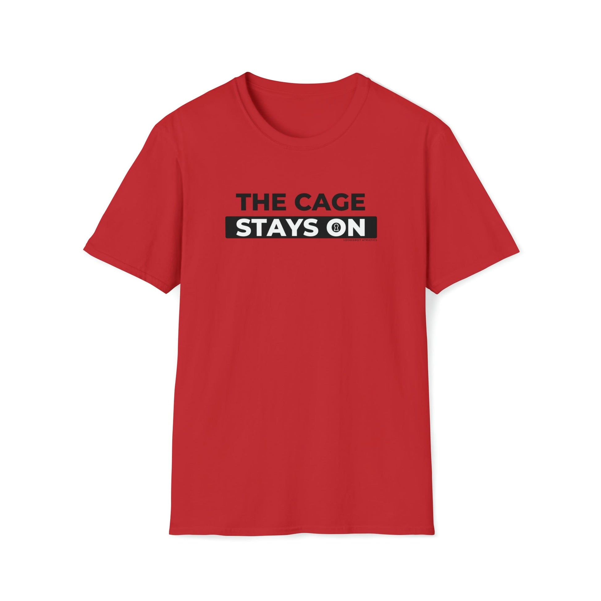 T-Shirt Red / S Cage Stays On - Lockedboy Athletics Chastity Tshirt LEATHERDADDY BATOR